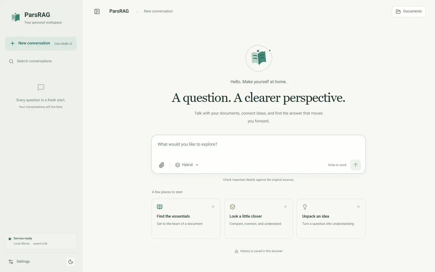 ParsRAG welcome screen in English, light theme