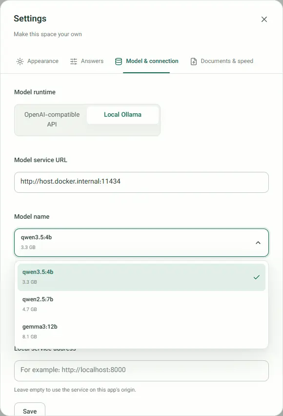 Model and connection settings with Local Ollama at http://host.docker.internal:11434 and the model menu open, listing qwen3.5:4b (3.3 GB), qwen2.5:7b (4.7 GB) and gemma3:12b (8.1 GB)