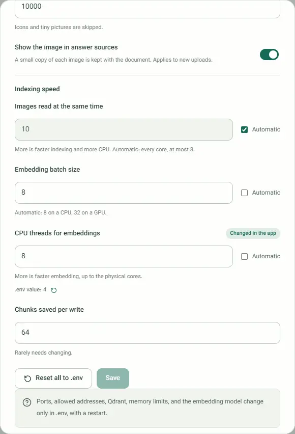 The Indexing speed group in Settings: Images read at the same time set to Automatic, CPU threads for embeddings changed to 8 with a Changed in the app badge, its .env value of 4 with a reset button, a Reset all to .env button, and a note that ports, allowed addresses, Qdrant, memory limits and the embedding model change only in .env