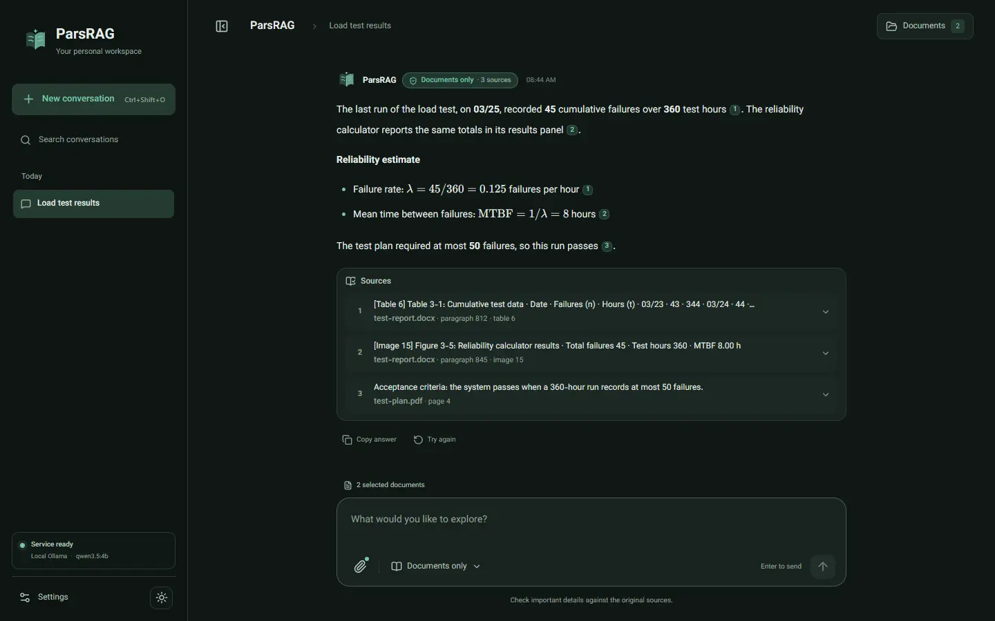 ParsRAG workspace in the dark theme